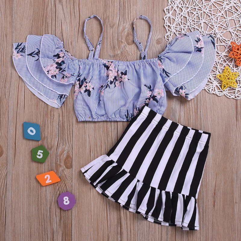 

lovely Stylish Striped Print Baby Blue Girl Two-piece Skirt Set