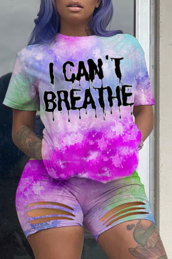 

lovely Casual O Neck Tie-dye Purple Plus Size Two-piece Shorts Set