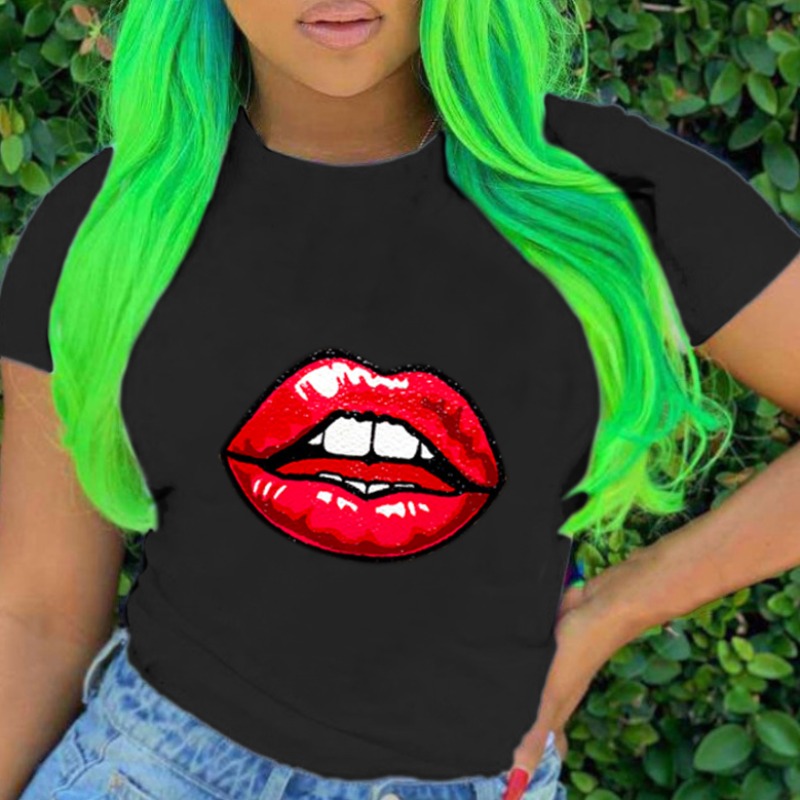 

lovely Casual O Neck Lip Print Black T-shirt
