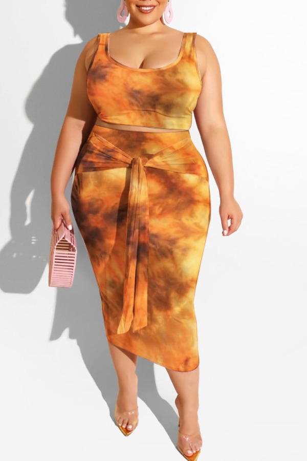 

lovely Trendy U Neck Tie-dye Yellow Plus Size Two-piece Skirt Set