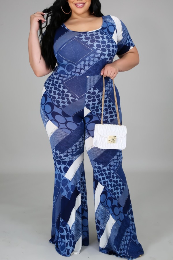 

lovely Stylish Print Blue Plus Size One-piece Jumpsuit