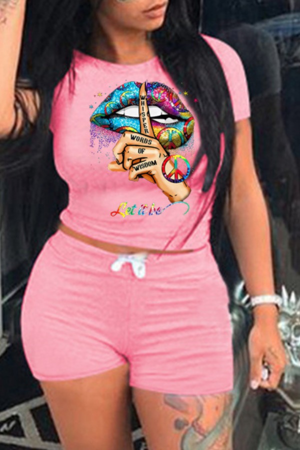 

Lovely Leisure O Neck Lip Print Pink Two Piece Shorts Set