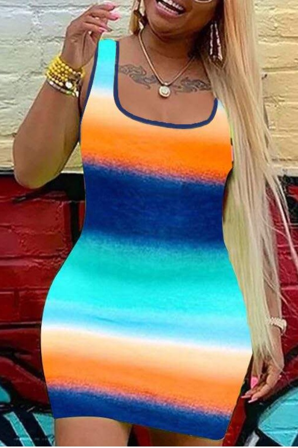 

LW Stylish U Neck Striped Multicolor Mini Dress, Multicolor mstn