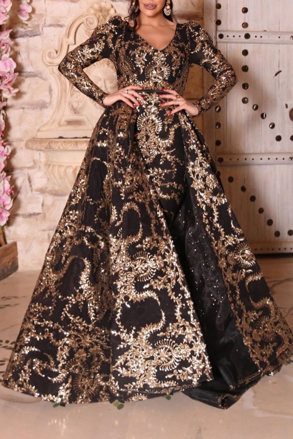 

lovely Temperament Deep V Neck Print Black Maxi Dress