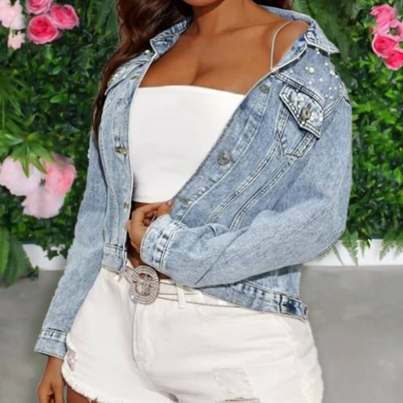 

Lovely Stylish Turndown Collar Buttons Design Baby Blue Denim Jacket