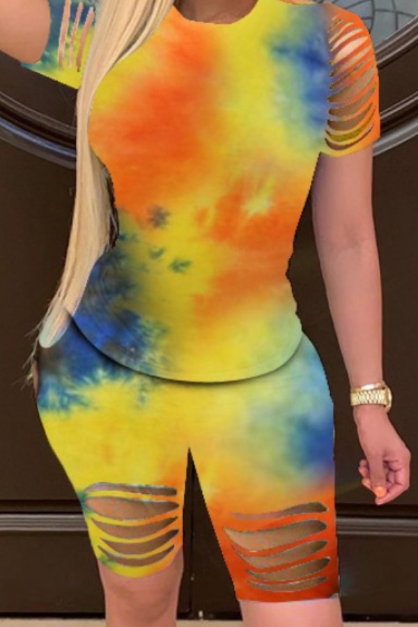 

lovely Trendy Tie dye Hollow-out Yellow Two Piece Shorts Set