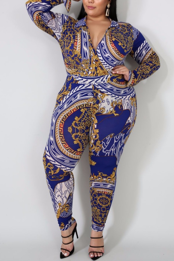 

lovely Stylish Print Blue Plus Size One-piece Jumpsuit