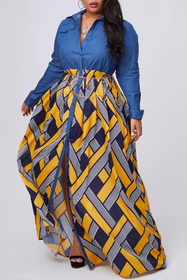 Lovely Stylish Print Patchwork Yellow Maxi Plus Size Dress