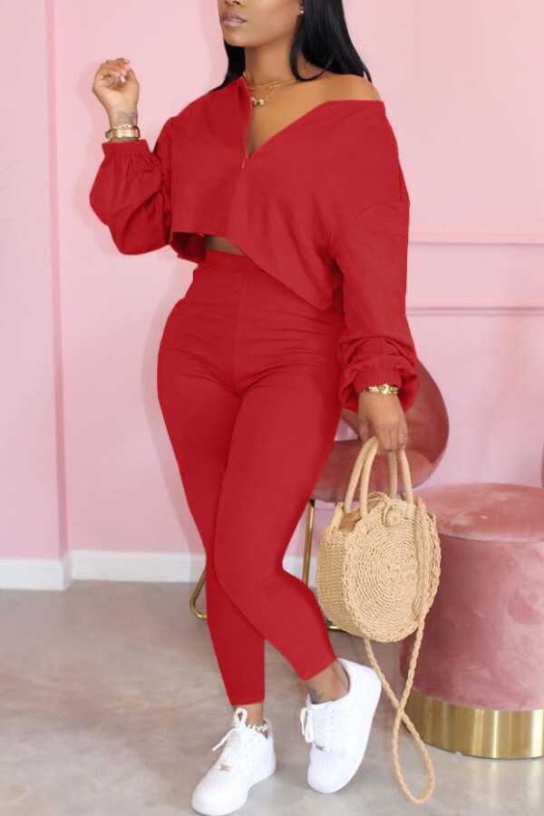 red two piece pants set