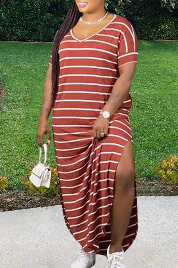 

lovely Casual V Neck Striped Red Maxi Plus Size Dress