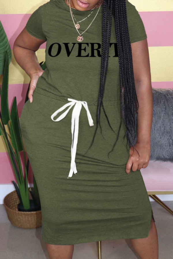 

lovely Casual Letter Print Green Knee Length Plus Size Dress