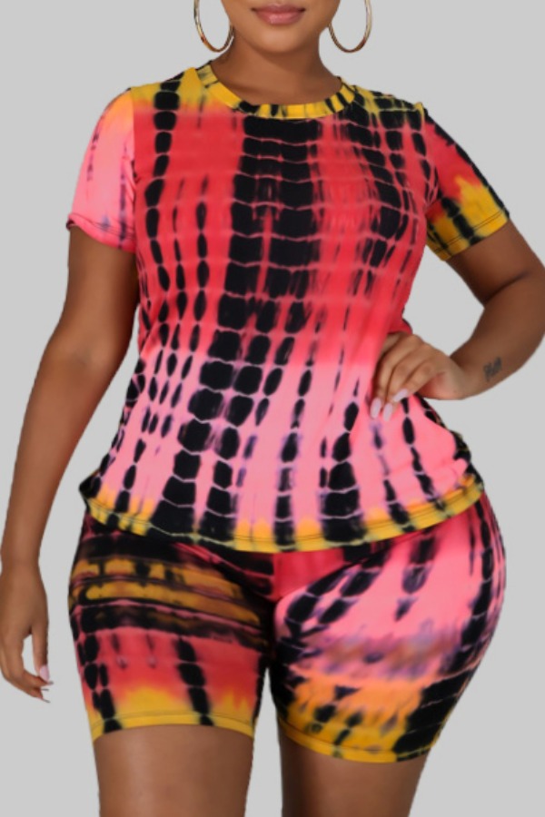

Lovely Trendy O Neck Tie-dye Red Plus Size Two-piece Shorts Set