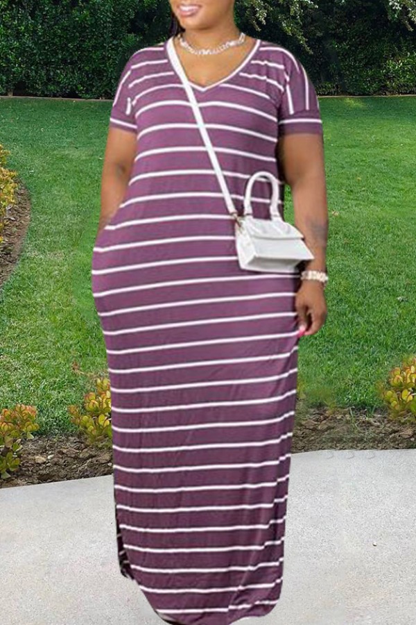 

Lovely Leisure V Neck Striped Purple Maxi Plus Size Dress