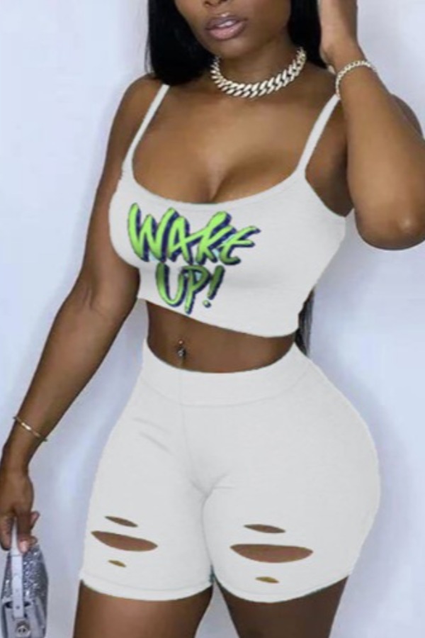 

lovely Sportswear Letter Print White Two Piece Shorts Set
