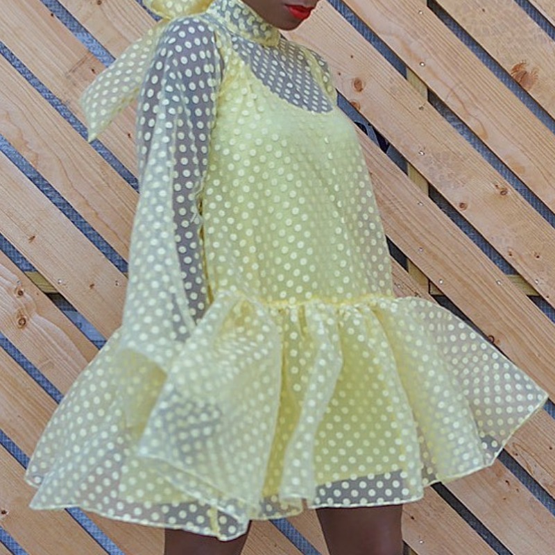 

lovely Sweet Dot Print See-through Yellow Mini Dress（Two pieces）
