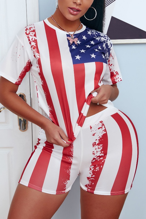 

lovely Independence Day Leisure O Neck Print Red Two Piece Shorts Set