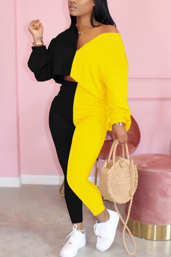 

lovely Casual Patchwork Yellow Two Piece Pants Set