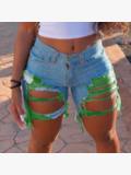 Lovely Sexy Hollow-out Green Denim Shorts