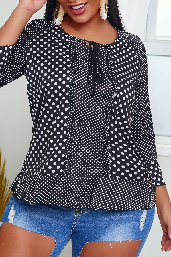 

lovely Leisure Dot Print Patchwork Black Blouse