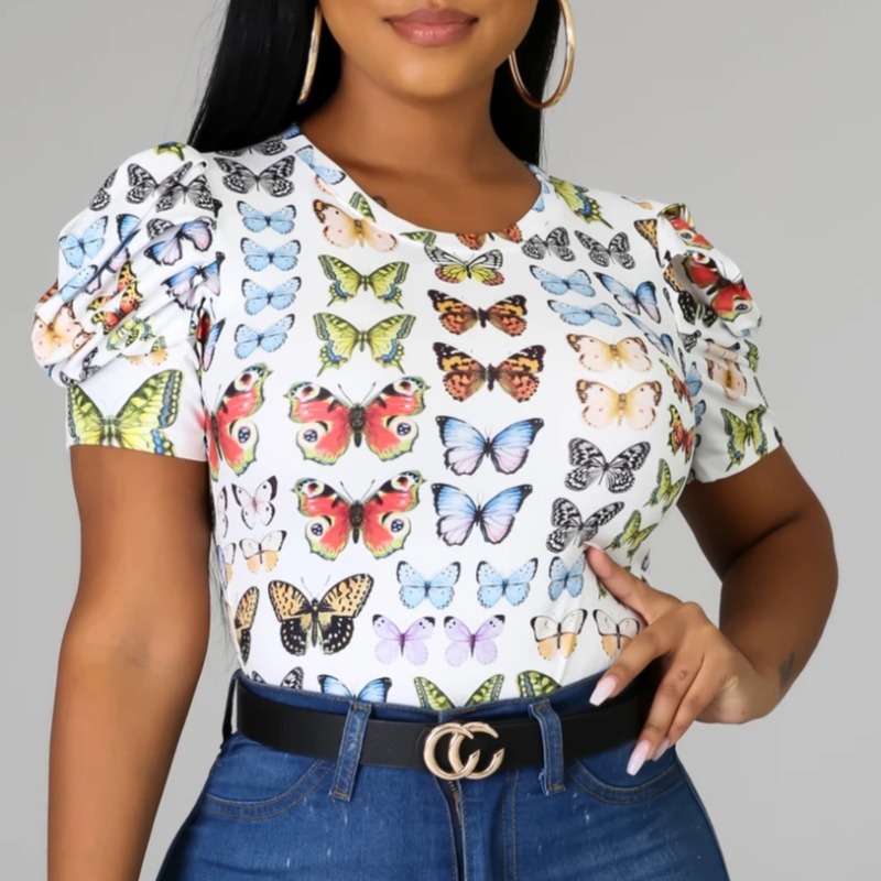 

lovely Leisure O Neck Butterfly Print Multicolor T-shirt, Multi