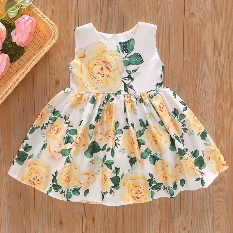 

lovely Stylish O Neck Floral Print White Girl Knee Length Dress