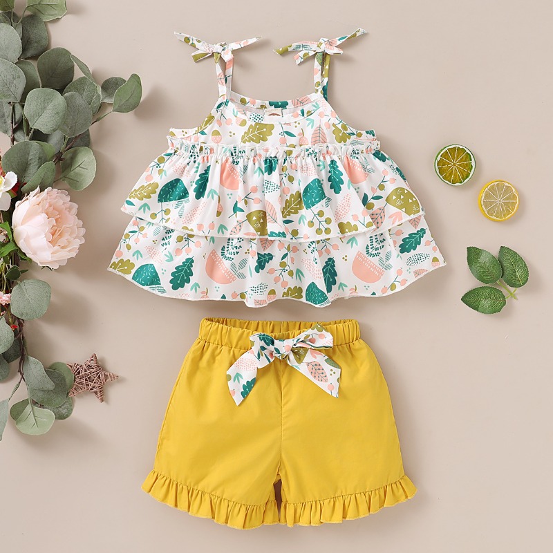 

lovely Sweet Plants Print Yellow Girl Two-piece Shorts Set