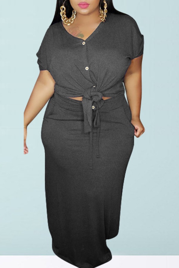 

lovely Casual Buttons Design Grey Plus Size Two-piece Skirt Set