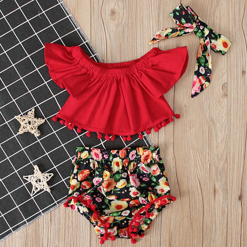 

lovely Stylish Floral Print Red Girl Two-piece Shorts Set