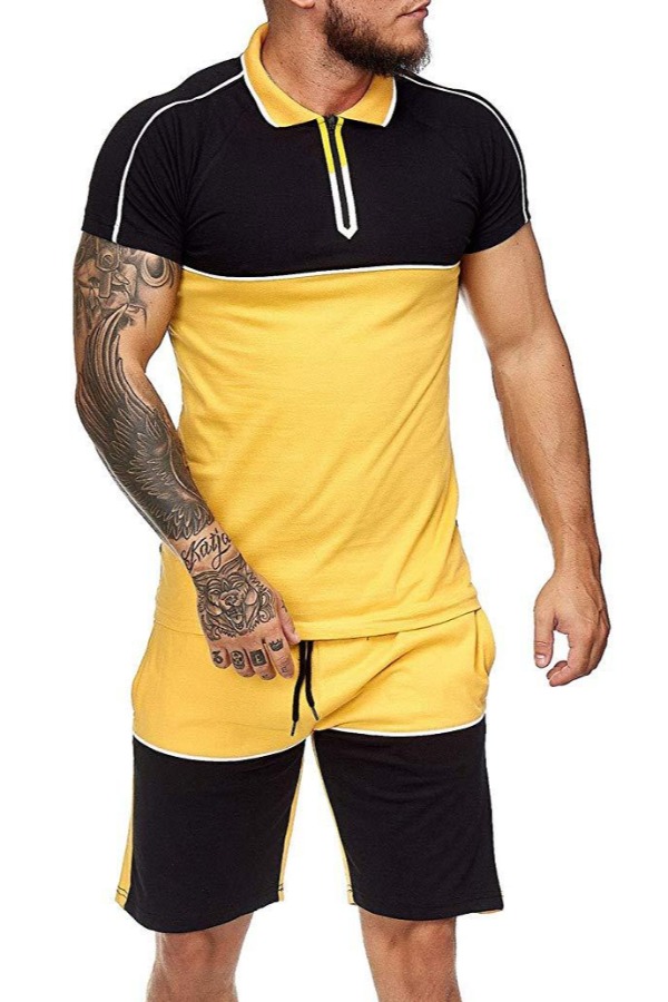 

Men Lovely Casual O Neck Patchwork Yellow Two-piece Shorts Set