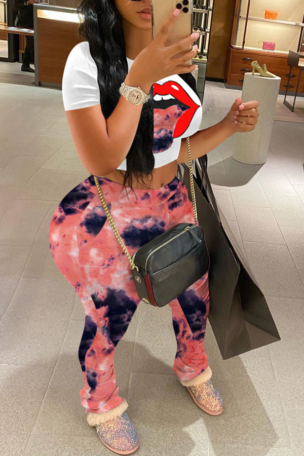 

lovely Casual Lip Print Pink Plus Size Two-piece Pants Set
