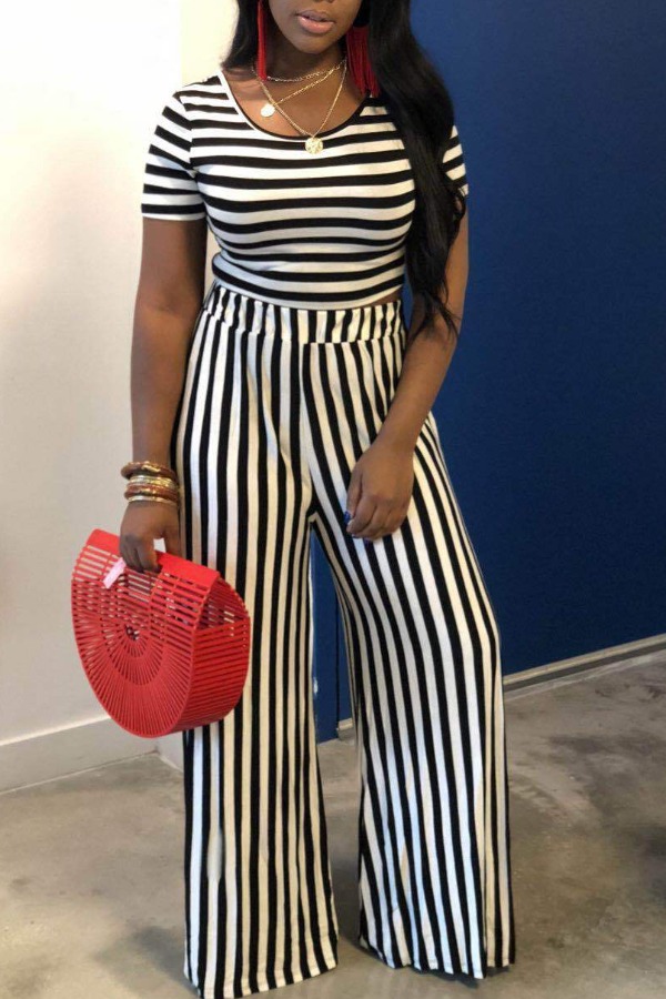 

lovely Street Striped Black Plus Size Two-piece Pants Set