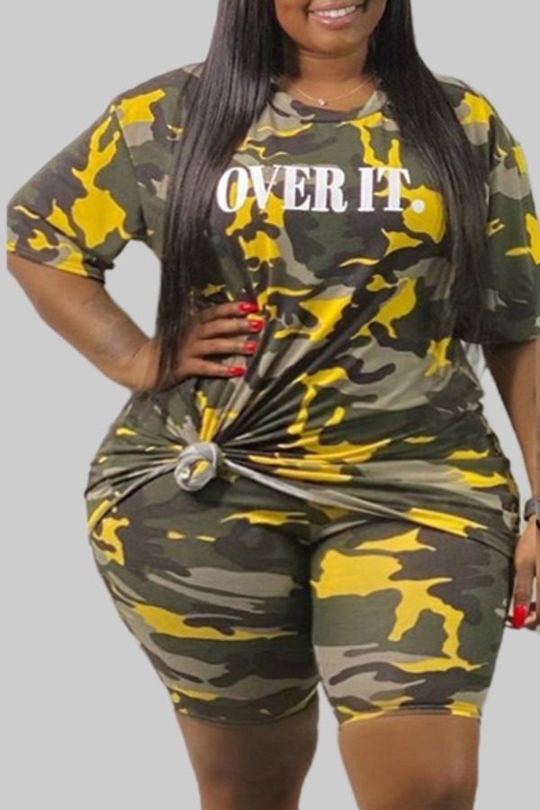 

LW Plus Size Leisure O Neck Camo Print Two-piece Shorts Set