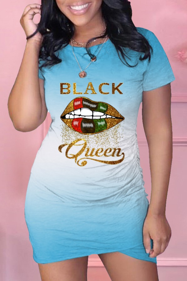 

lovely Casual Lip Print Blue Mini Dress