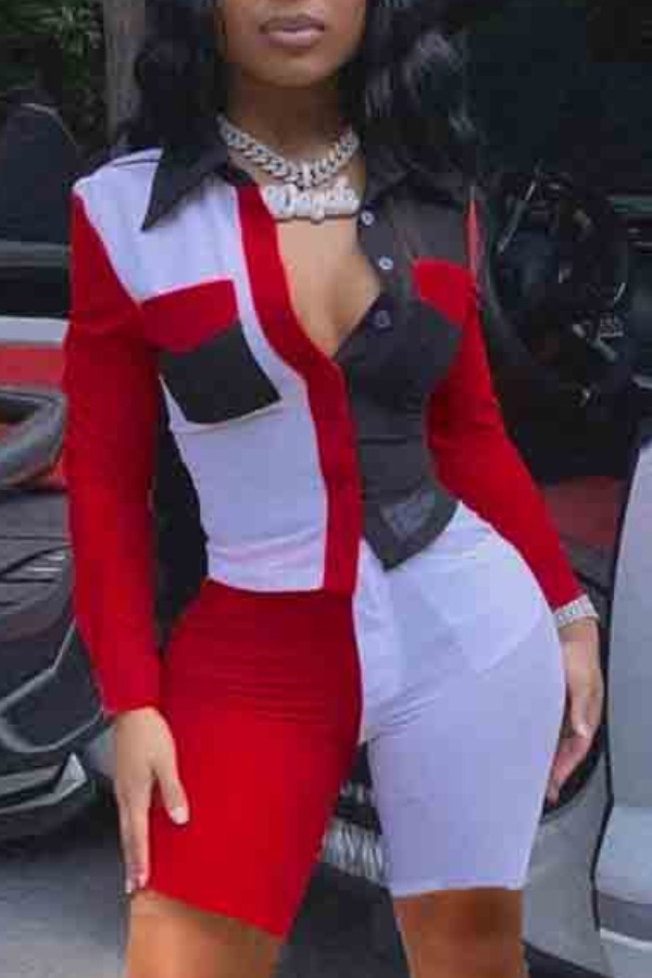 

lovely Stylish Color-lump Patchwork Red Two Piece Shorts Set