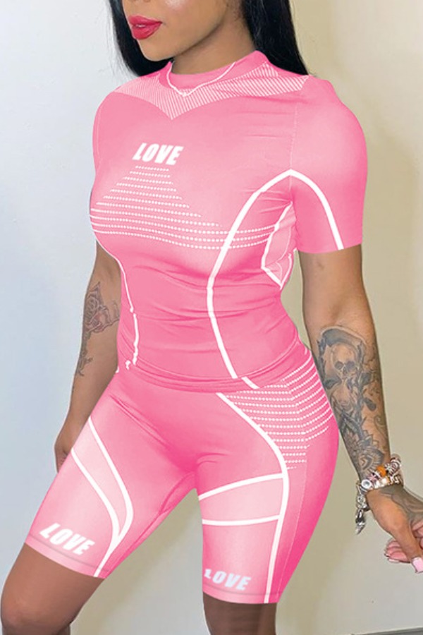 

lovely Sportswear Print Pink Two Piece Shorts Set
