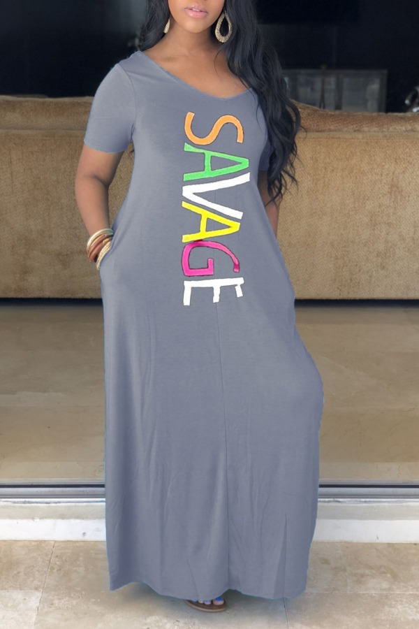 

lovely Casual V Neck Letter Print Grey Ankle Length Dress