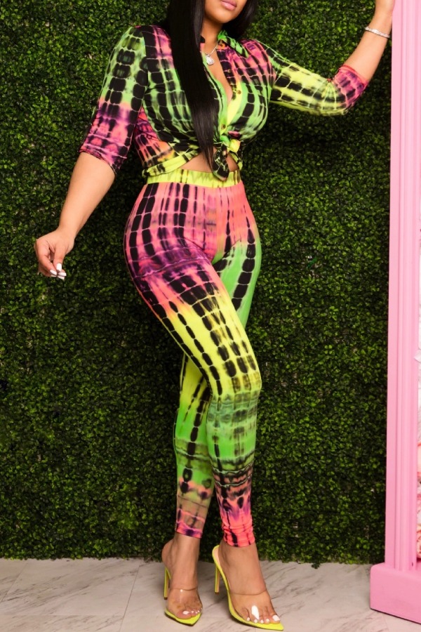 

lovely Casual Print Green Two Piece Pants Set