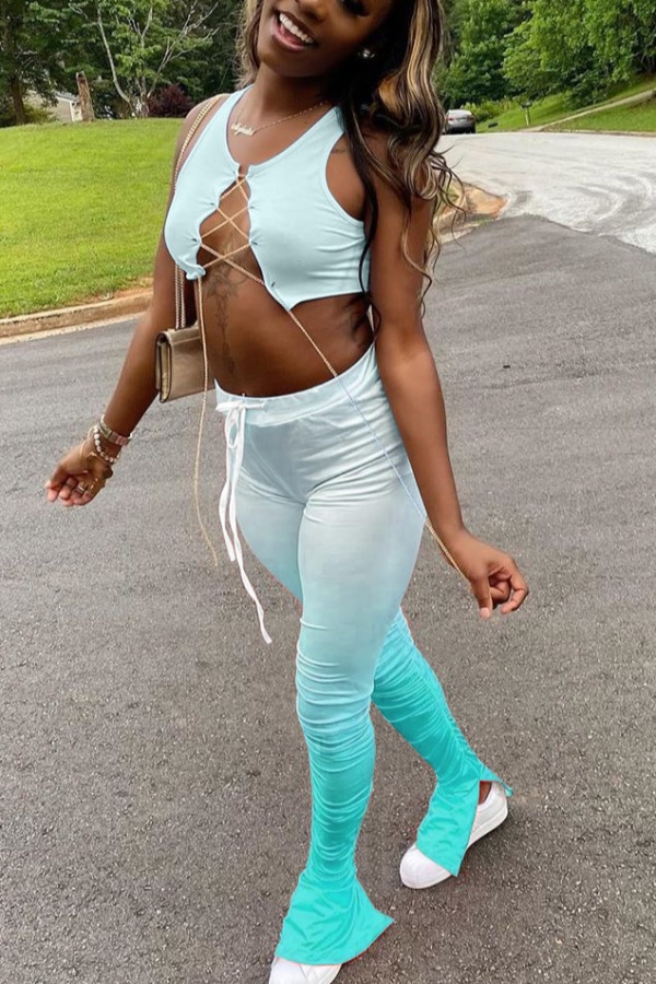 

Lovely Sexy Gradual Change Bandage Design Skyblue Two Piece Pants Set