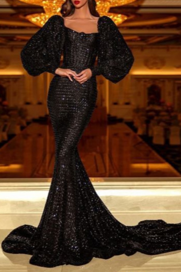 

lovely Elegant Sequined Black Trailing Dress