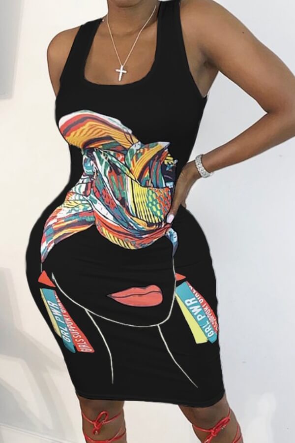 

Lovely Leisure U Neck Print Black Knee Length Dress