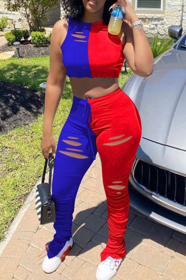 

lovely Sportswear Patchwork Blue Two Piece Pants Set