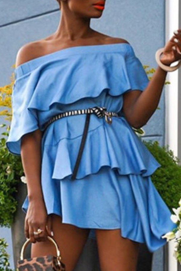 

lovely Casual Dew Shoulder Asymmetrical Blue Mini Dress, Baby blue