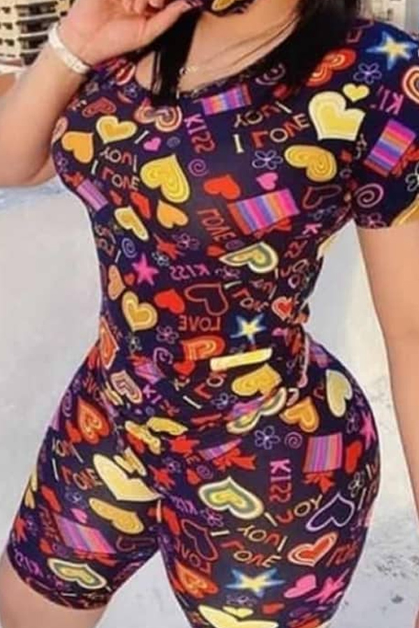 

lovely Street O Neck Print Multicolor Two Piece Shorts Set, Multi