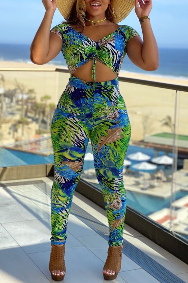 

lovely Stylish Print Hollow-out Green One-piece Jumpsuit