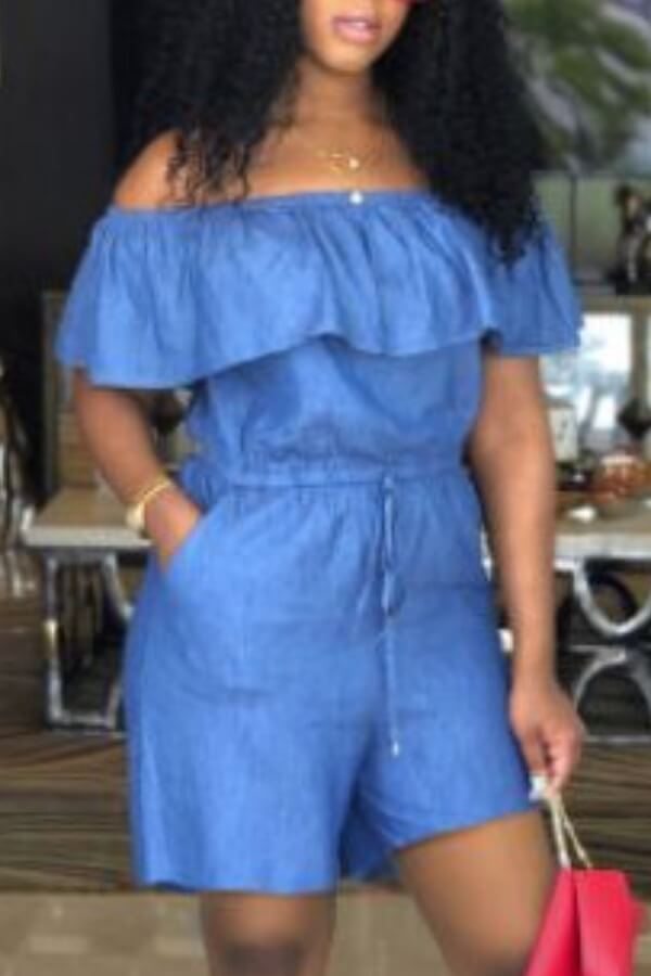

Lovely Stylish Dew Shoulder Flounce Design Blue Denim One-piece Romper