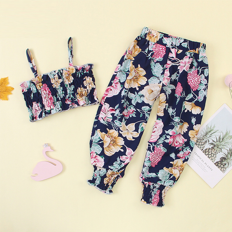 

lovely Bohemian Plants Print Dark Blue Girl Two-piece Pants Set