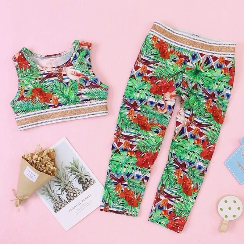 

lovely Bohemian Plants Print Green Girl Two-piece Pants Set