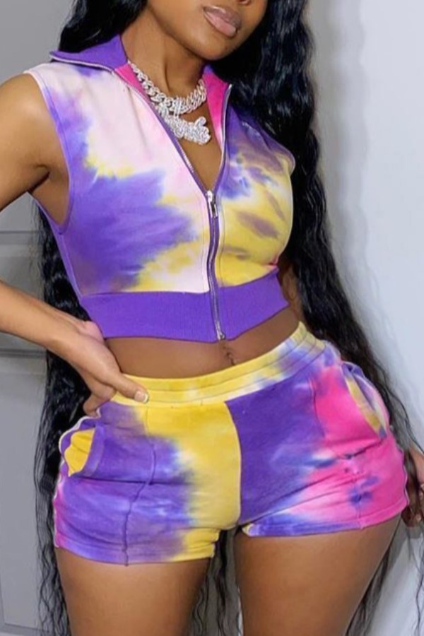 

lovely Leisure Tie-dye Blue Plus Size Two-piece Shorts Set
