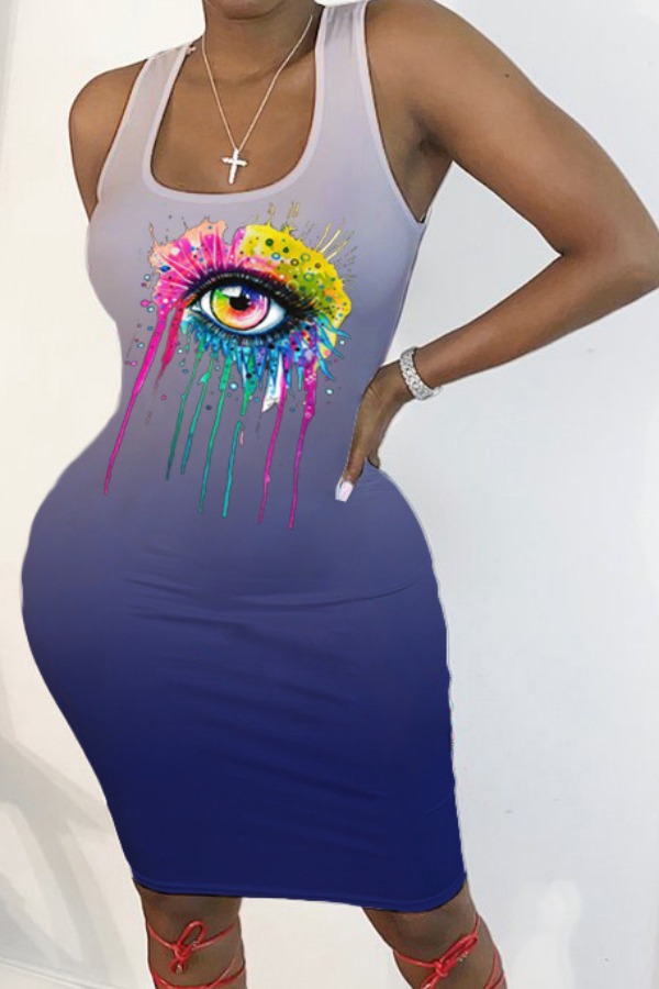 

lovely Leisure U Neck Eye Print Blue Knee Length Dress