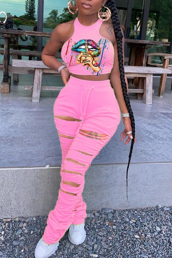 

lovely Leisure Lip Print Hollow-out Pink Two Piece Pants Set